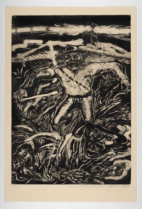 A black and white print depicting a muscular figure wielding a large tool, possibly a hoe or a scythe, in a dynamic and intense pose. The figure appears to be engaged in a struggle or battle, surrounded by chaotic and swirling forms that resemble plants, animals, or other figures. The background includes a fence and a landscape with a dramatic sky. The artwork is highly detailed and expressive, with strong contrasts and intricate line work.