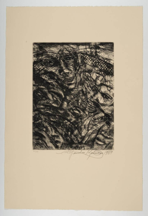 An abstract black and white etching on a beige background. The etching features intricate, chaotic lines and shapes, with some elements resembling human faces and figures. The artwork is signed at the bottom with the name 'Alejandro Xul Solar' and the year '1988.' The number '31/100' is also written, indicating that this is the 31st print out of a limited edition of 100. The etching's complexity and abstract nature make it interesting and open to various interpretations.