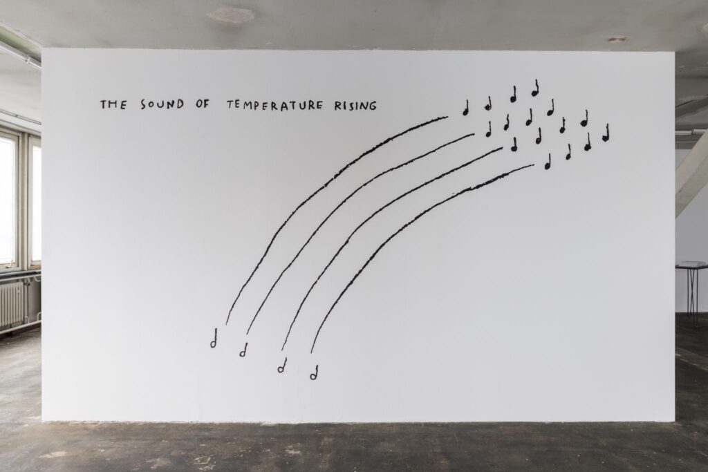 Christine Sun Kim (Orange County, California, 1980–Berlin, Germany, present), "The Sound of Temperature Rising," 2019, Acrylic on wall, adapted from charcoal on paper drawing, 136 x 231 in., Courtesy of the artist and François Ghebaly Gallery