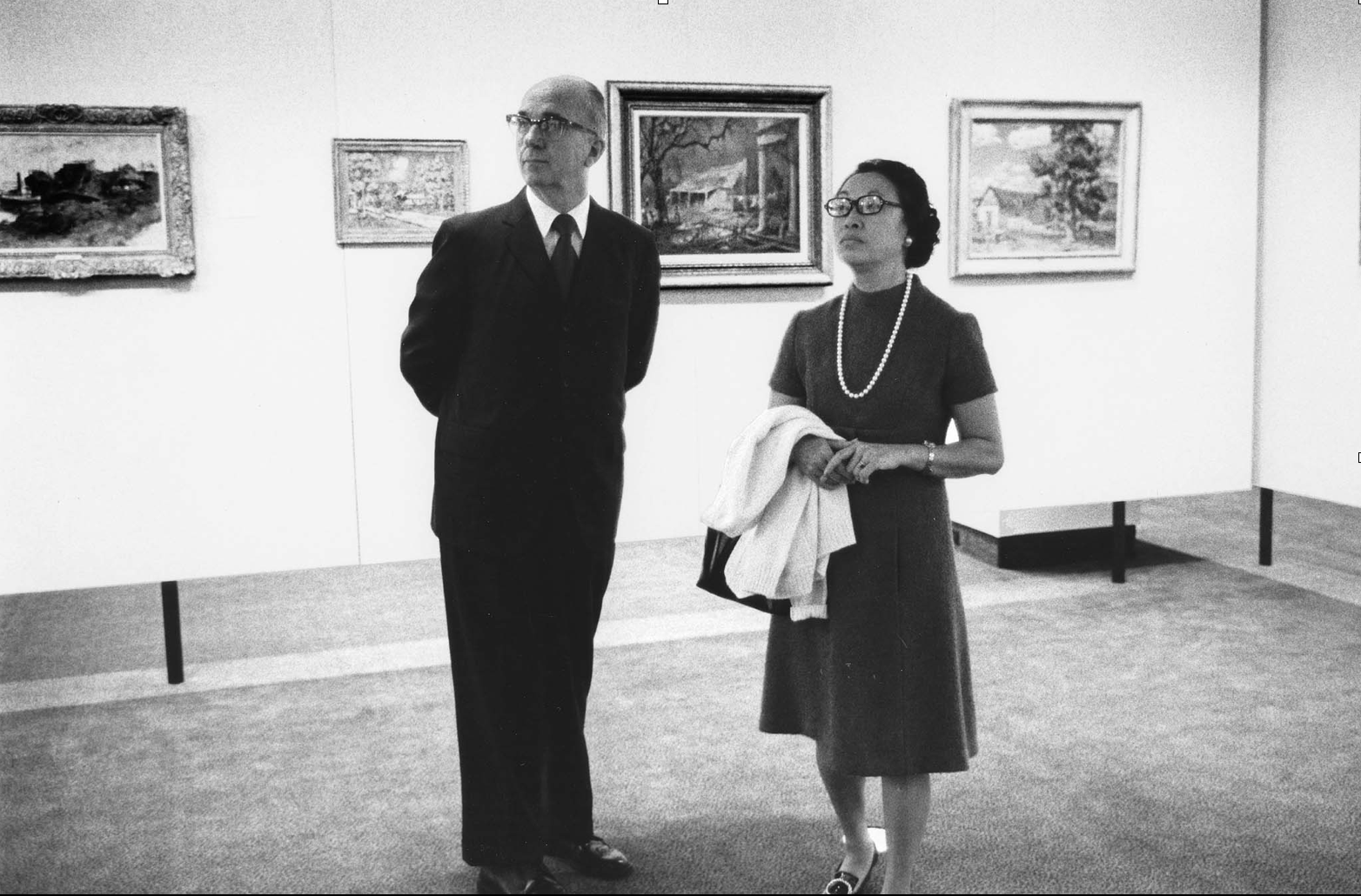 Mari Sabasawa Michener visiting the Huntington gallery with her husband, James A. Michener. Photo taken circa. mid-1970s.