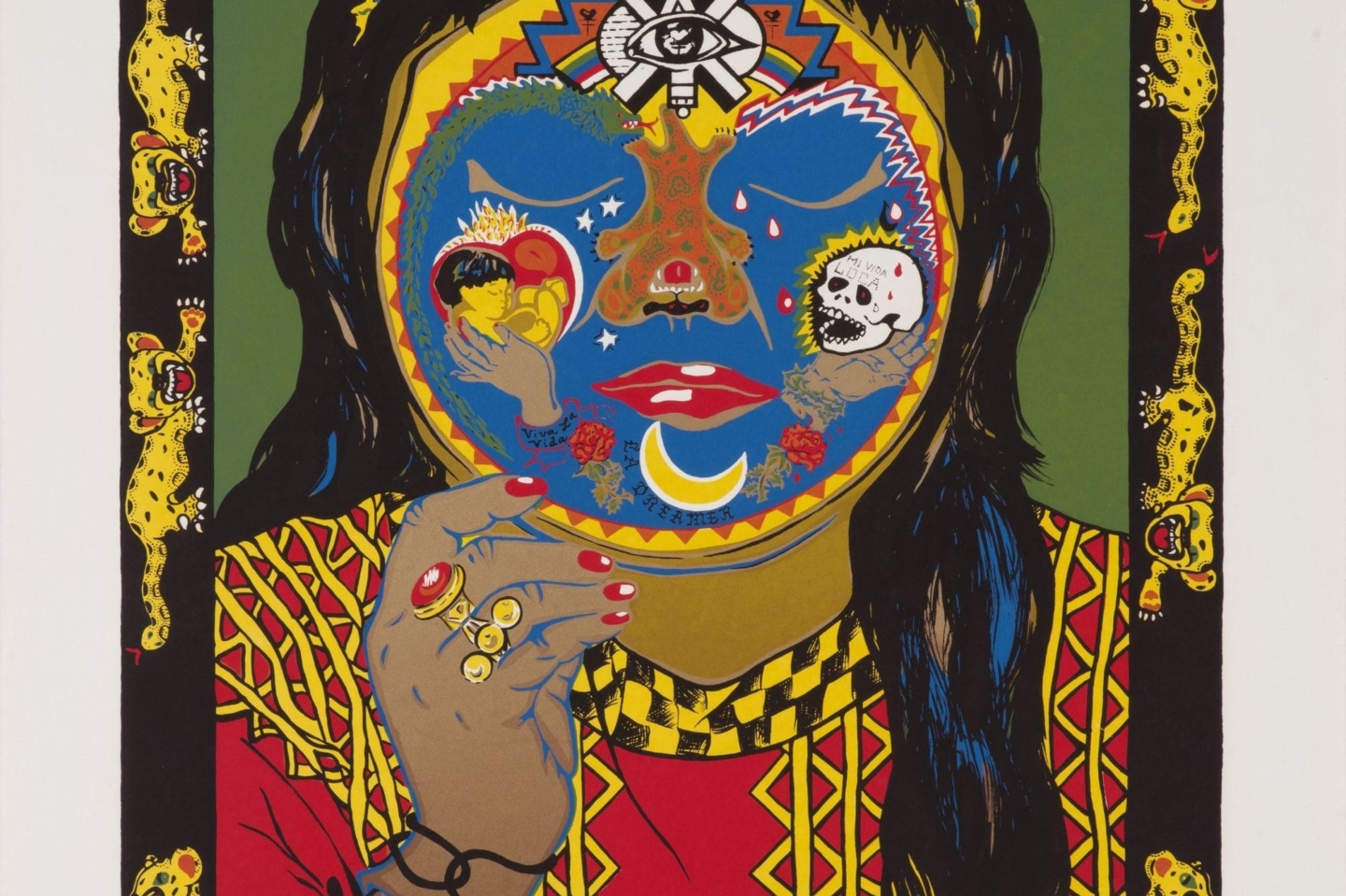 Yreina D. Cervantez, Danza Ocelotl (detail), 1983, screenprint with glitter, 35 1/6 x 23 1/16 in., Blanton Museum of Art, The University of Texas at Austin, Gift of Gilberto Cardenas, 2017