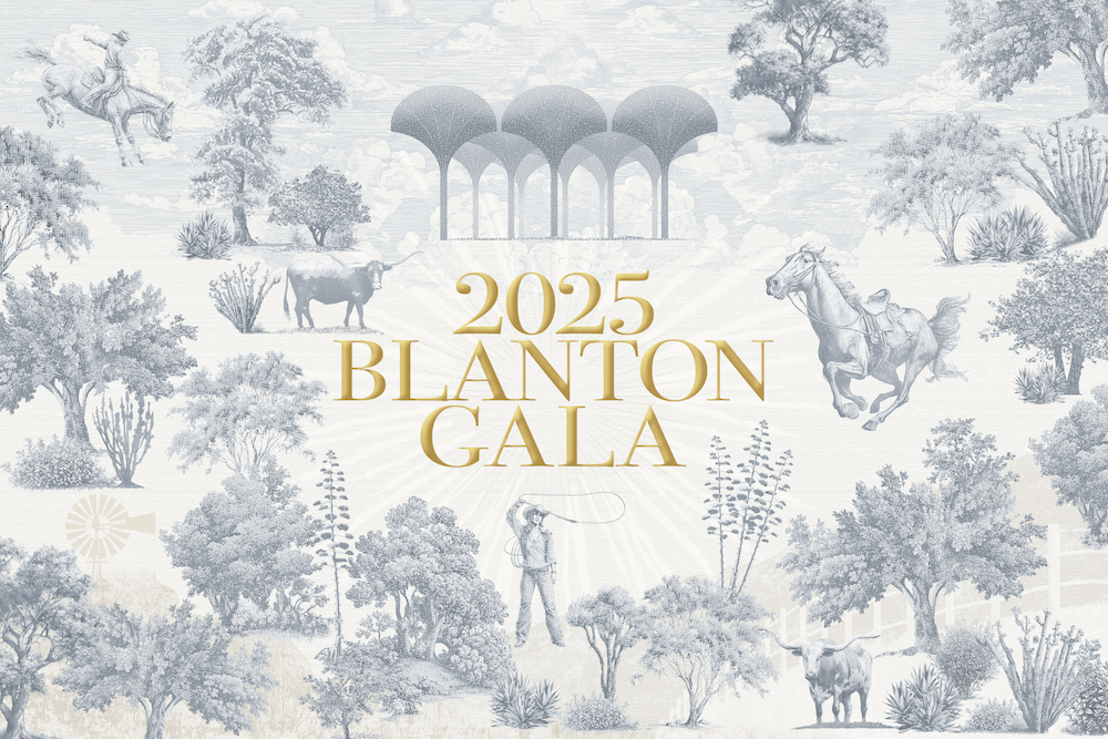 Texas themed toile pattern with native Texan trees, cowboys and the Blanton Museum of Art Petals. Overtop are the words 2025 Blanton Gala.