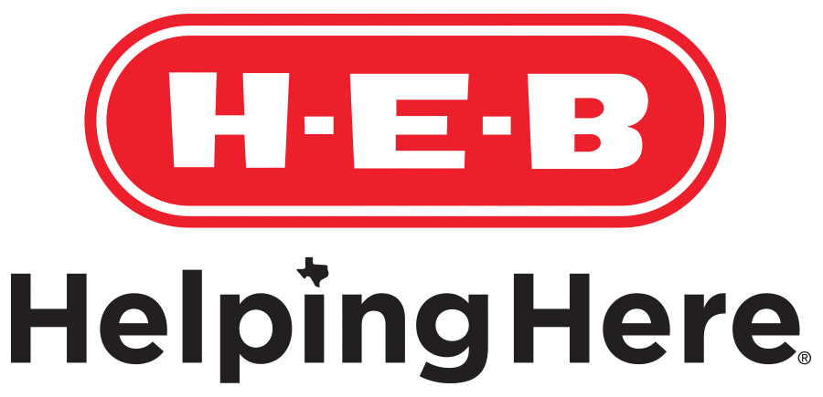 H-E-B logo in red with Helping Here written below it